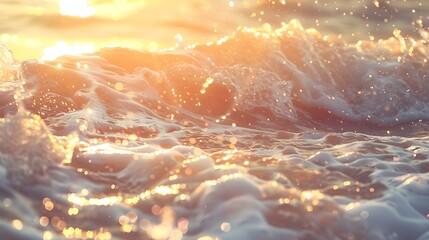 Close-up view of sparkling sea waves in morning sunlight. bokeh sunset glow on summer beach perfect for wallpaper