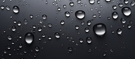 A multitude of liquid droplets, also known as water drops, scattered across a black surface. The result of atmospheric precipitation like drizzle or rain