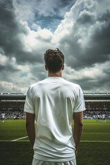 Back of a soccer player in pure white blank soccer jersey, big soccer stadium with full of crowd in the background. Cloudy weather