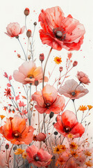 Vintage style watercolor illustration  of red and peach poppies on the white background with splashes of color; Concepts: beauty, tranquility, nature, art, home decor