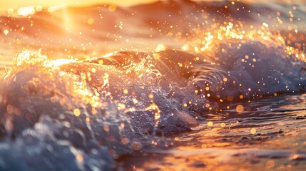 Detailed shot of morning sea waves with glistening sunlight. beach illuminated by bokeh sunset radiance ideal for wallpaper