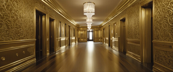 Gold corridor or hallway. Hall with golden wall, floor and ceiling - obrazy, fototapety, plakaty