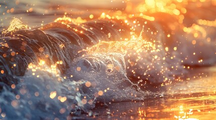 Sea waves in morning sunlight with sparkling sun. beach bathed in bokeh sunset light ideal for wallpaper background