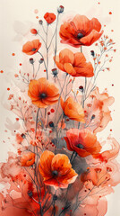 Watercolor painting of red and peach poppies with splashes of color; perfect for art, décor and a symbol of remembrance and peace. Concepts: beauty, tranquility, nature, art, home decor