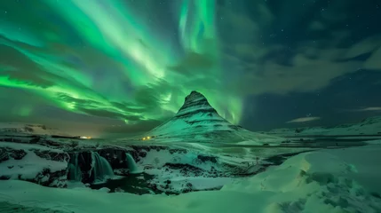 Papier Peint photo autocollant Kirkjufell A beautiful landscape with a waterfall and a green mountain. The sky is filled with auroras, creating a serene and peaceful atmosphere