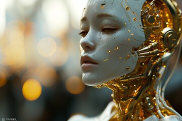 An intricately designed android with a serene expression, combining human-like features with advanced robotics, set against a blurred, warm backdrop