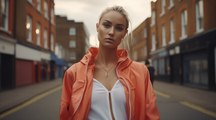 A HD Portrait of a young woman with blond hair in the Streets of London