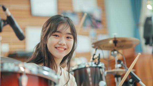 Happy young Asian drummer enjoying music lesson. Cheerful girl learning to play drums with joy. Talented young musician at drum set in music school.