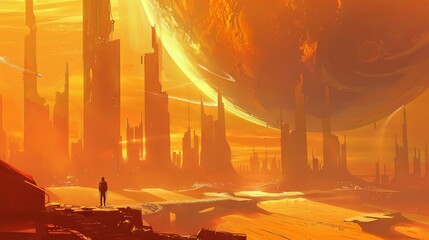 Astronaut overlooking a futuristic city with golden skies. Science fiction cityscape with an explorer. Concept of space travel, future worlds, exploration, and sci-fi environments.