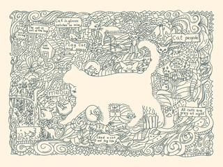 Fototapeta na wymiar Monochrome doodle illustration on the theme of cats. Drawing for packaging, interior, napkins, post cards