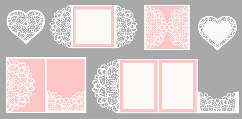 Set of Lace Heart Vector Invitation Card Templates with Matching Paper Doily Designs for Laser Cutting and Paper Crafts. 5x5 and 5x7.