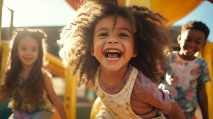 Joyful children of different nationalities play at the playground. Concept of childhood joy, outdoor activities, friendship, summertime, happiness, and diverse youth.
