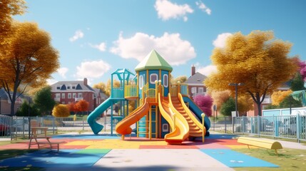 Vibrant outdoor play structure with slides. Colorful playground. Concept of recreation, children's play equipment, public parks, and fun. - obrazy, fototapety, plakaty