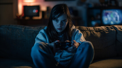  Teenager holding a controler, symbolizing addiction and danger of video games - obrazy, fototapety, plakaty
