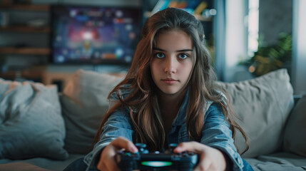  Teenager holding a controler, symbolizing addiction and danger of video games - obrazy, fototapety, plakaty