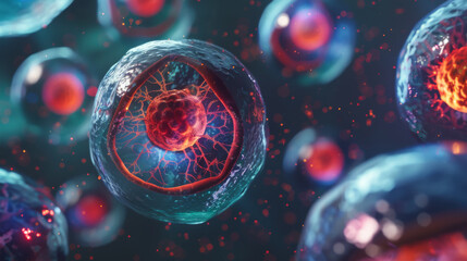 A close up of a bunch of blue and orange cells