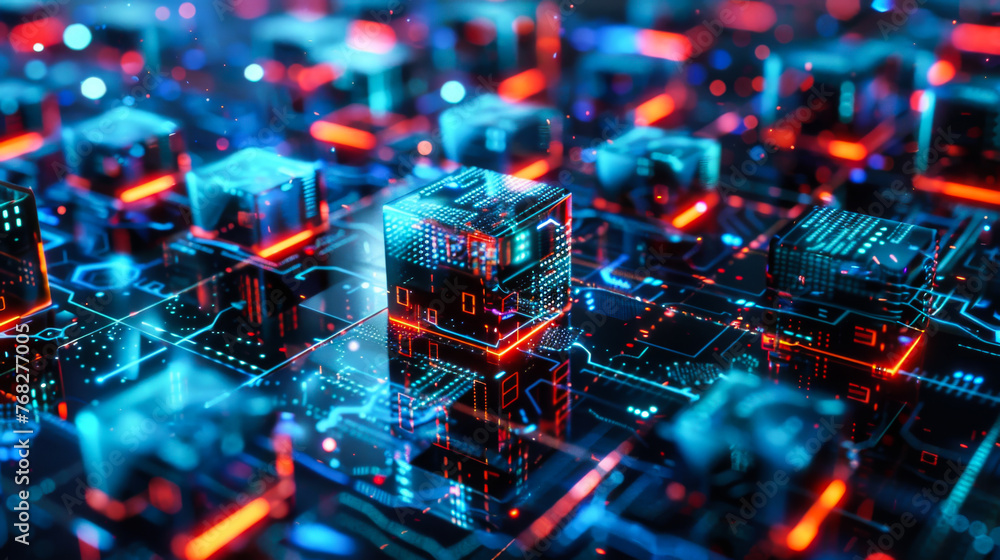 Aufkleber A computer chip is shown in a close up with a red and blue color scheme. The image is of a computer chip that is made up of many small squares