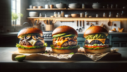 Three Delicious Burgers with Assorted Toppings on Marble Countertop