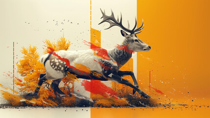 A deer runs with white and orange abstract background. Sense of movement, wilderness and energy of a deer; movement of a running wild horned animal