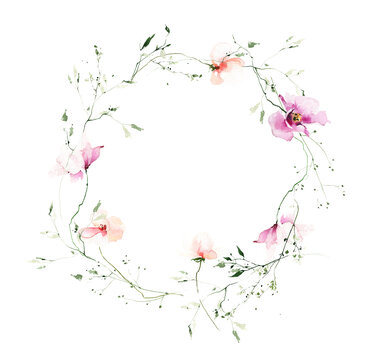 Watercolor floral garland frame on white background. Pink, orange wild flowers, branches, leaves and twigs.