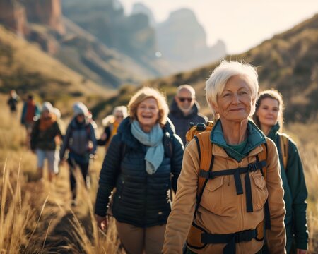 Retired woman followed by a group of seniors hiking in the mountains equipped with their backpacks, healthy lifestyle