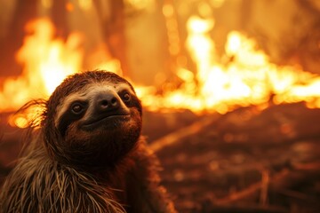 Fototapeta premium Distressed sloth amidst forest fire, flames visible in the background