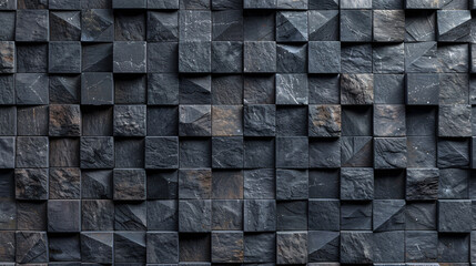 A black and gray stone wall with a rough texture. The wall is made up of many small square blocks - obrazy, fototapety, plakaty