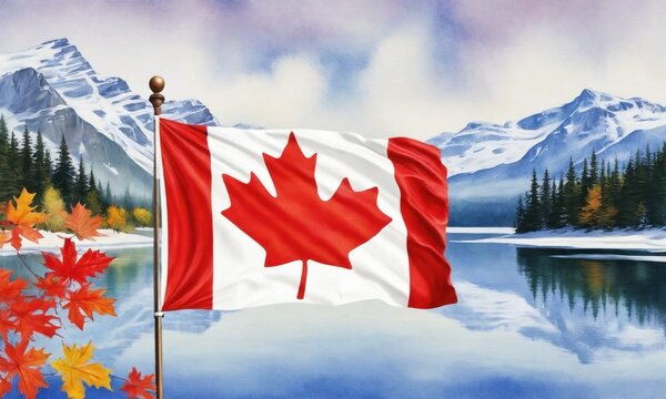 Symbol associated with the country Canada - watercolor illustration. Vibrant maple leaf against a backdrop of snow-capped mountains and pristine lakes, symbolizing natural beauty, and prosperity.