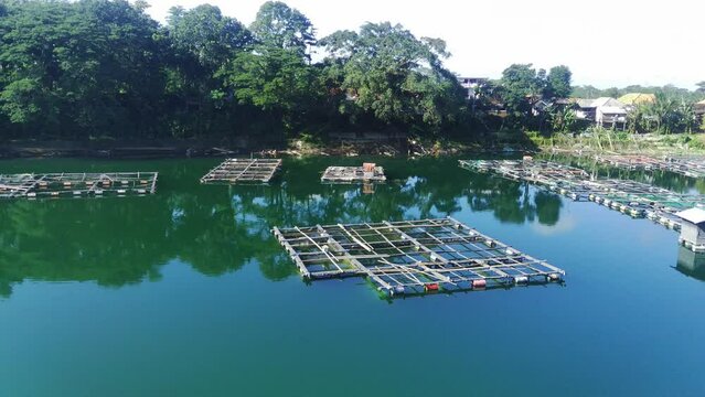drone video captures a scenic village nestled on the shores of Ranu Pakis lake in Lumajang, East Java, Indonesia. Lush greenery surrounds the quaint houses with colorful roofs. Smoke curls from chimne