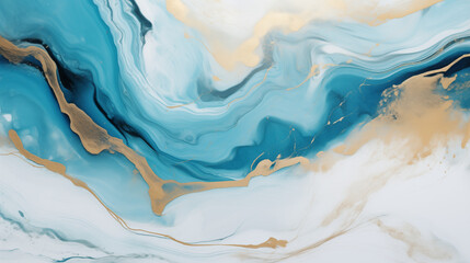 Obraz premium A HD close up of a minimalist acrylic marble painting. The painting is kept in black, white, turquoise and golden colors