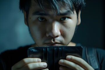 An Asian man holds an empty wallet symbolizing financial stress and inability to pay bills or loans. Concept Stressful Finances, Empty Wallet, Debt Troubles, Financial Strain, Economic Hardship - obrazy, fototapety, plakaty