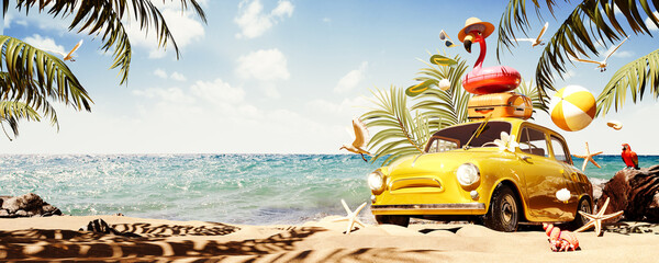 Summer travel concept. Yellow car with summer accessories on beautiful sand beach. 3D Rendering, 3D...