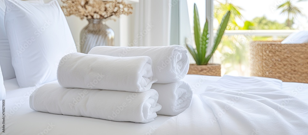 Poster neatly folded towels in various colors are stacked on a tidy bed, with a soft-focus vase of fresh fl