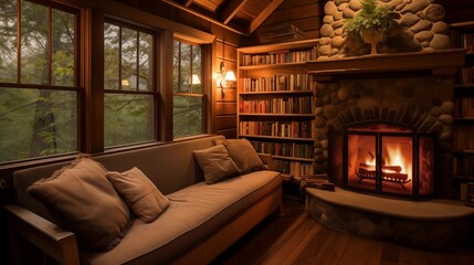 Secluded writer's cabin with walls of bookshelves, built-in daybed, and cozy fireplace nook - obrazy, fototapety, plakaty