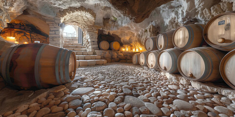 Traditional wine cellar with rows of oak barrels in an ancient stone cave. - obrazy, fototapety, plakaty