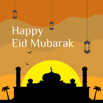 Eid mubarak greeting mosque silhouette sunset image vector illustration