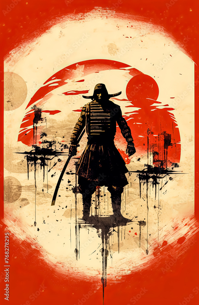 Poster a man in black is holding a sword and standing in front of a red circle.