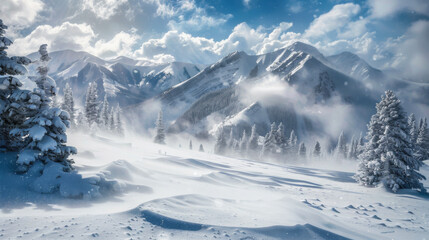 A snowy mountain range with a bright sun shining on it. The snow is falling and the sky is cloudy