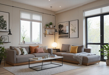 Naklejka na ściany i meble cozy living room with large window and comfortable furniture 