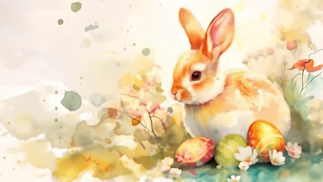Gentle bunny amidst Easter eggs and spring flowers, evoking the joyous spirit of the Easter season