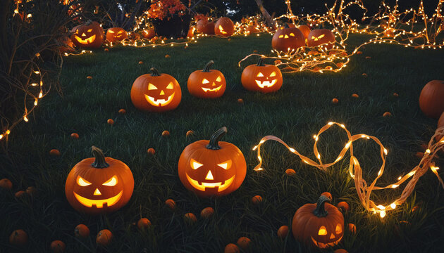 halloween illustration - glowing pumpkins at night