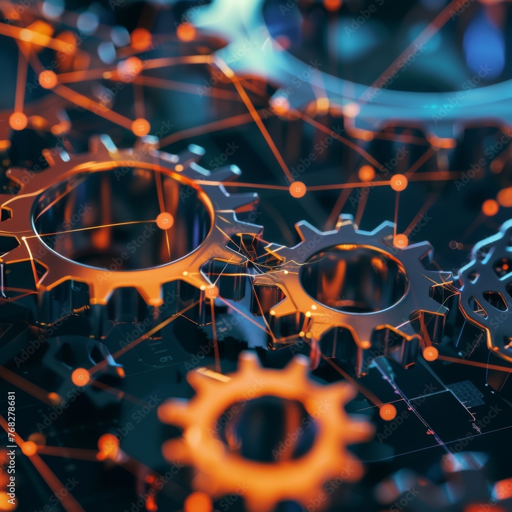 Poster interconnected gears system connected as social network part. generative ai