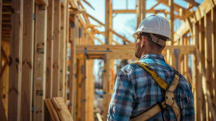 A construction worker wearing a hard hat stands in a large open space. The worker is looking up at the ceiling, possibly checking for any issues or problems