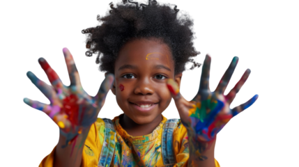 Portrait of a child with hands dirty from paint