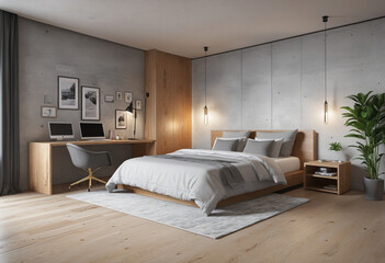 Modern bedroom and home office interior with concrete and gray walls, a wooden floor, a master bed and a computer desk. mock-up toned double-exposed image 