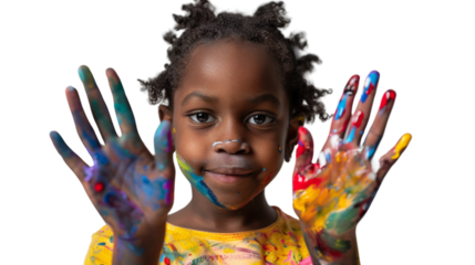 Portrait of a child with hands dirty from paint