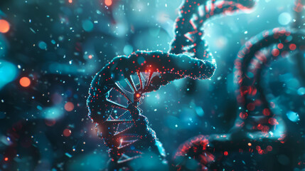 A close up of a DNA strand with orange and blue colors. The image has a futuristic and abstract feel to it - Powered by Adobe