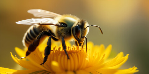 A bee pollinates a yellow flower on a sunny spring or summer day - obrazy, fototapety, plakaty