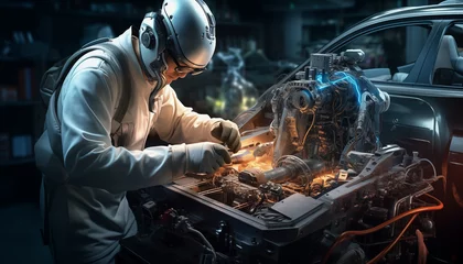 Foto op Plexiglas The Artisan of Machines: A Master Craftsman Reviving Automotive Spirits Amidst Steel and Oil © Nadtochiy