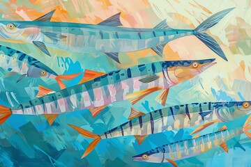 A school of barracuda moving in unison through the water